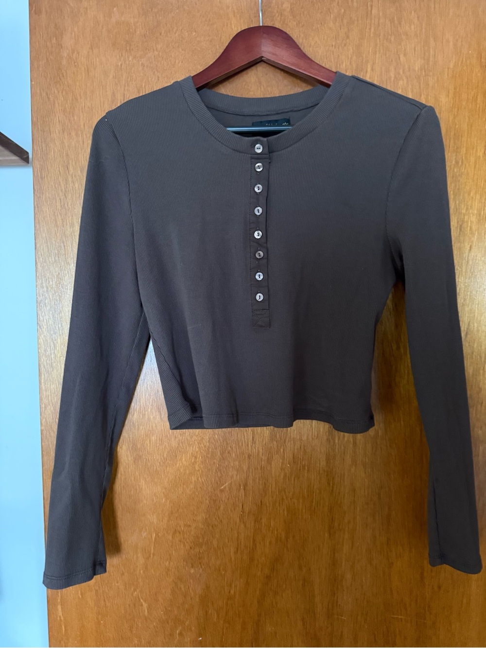 House of Harlow 1960 Chocolate Brown Long-Sleeve Henley Crop Top